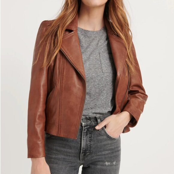 Lucky Brand Puff Sleeve Leather Moto Jacket Medium - Picture 1 of 10